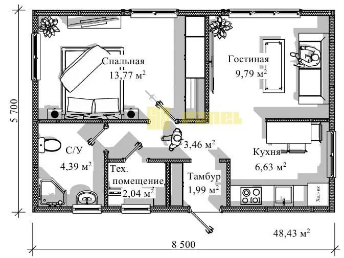 Проект дома из СИП панелей 48м²
