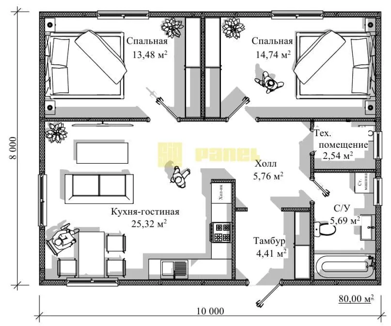 Проект одноэтажного дома из СИП панелей 80м²